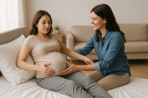 Eine schwangere Frau liegt auf einem Bett, während eine brünette Unterstützerin ihr beim Aufsetzen hilft. Beide befinden sich in einem sanft beleuchteten Raum.