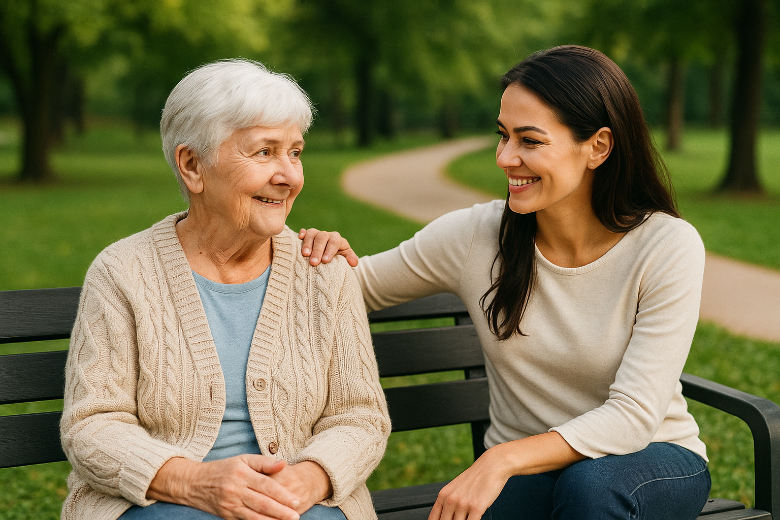 Eine ältere und eine jüngere Frau gehen nebeneinander durch einen ruhigen Park und unterhalten sich. Beide sind lächelnd und entspannt.