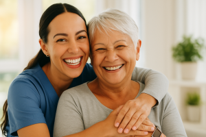 Eine ältere Frau und eine junge Unterstützerin umarmen sich herzlich und lächeln in die Kamera.