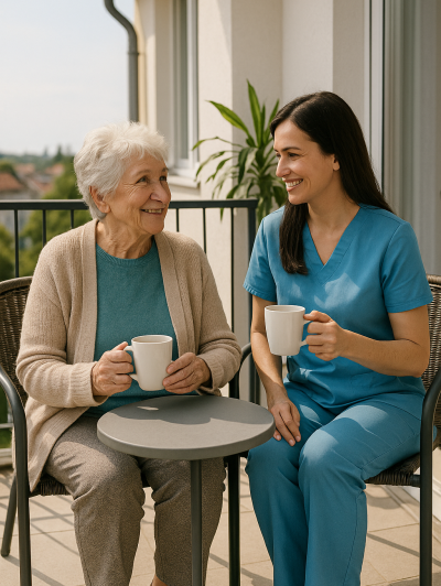 Eine ältere Frau und ihre Pflegerin genießen gemeinsam eine Tasse Kaffee auf einem sonnigen Balkon.