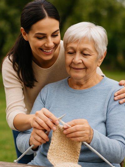 Eine jüngere Frau hilft einer älteren Dame beim Stricken im Garten. Beide lächeln und konzentrieren sich auf das Handwerk.